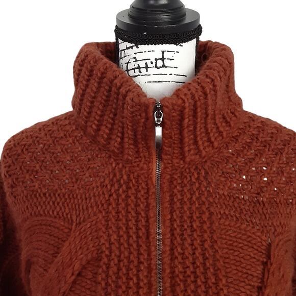ElsaManda Alpaca Wool Cable Knit Sweater Full Zip Rust Orange OS Made in Italy - Picture 5 of 9